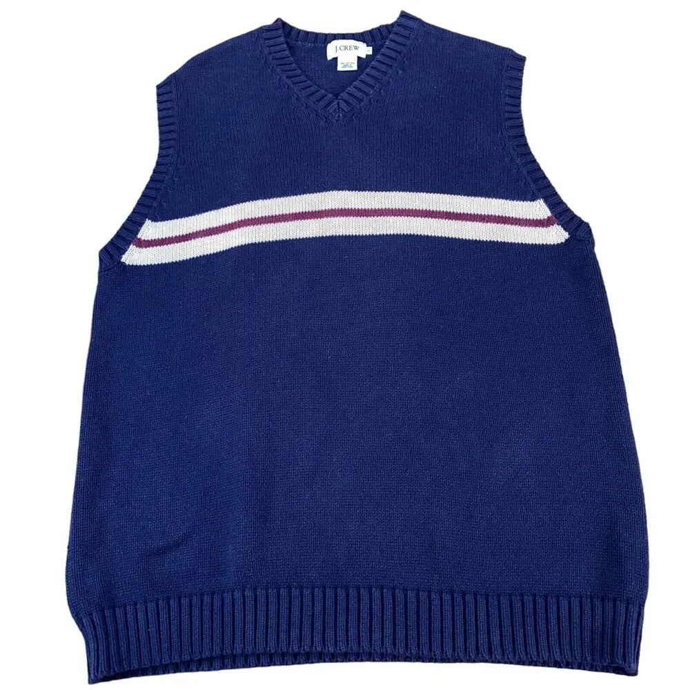 J.CREW Vest‎ Mens Large Navy Knit 100% Cotton Sleeveless V Neck Pullover